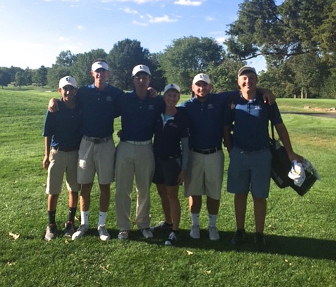 The South Lakes Varsity Golf Team, including Khyal Kapoor, Alex Nelson, Nick Kim, coach Carol Molesky, Kurtis Grant, Sean Shaughnessy and Reed Cornwall (not pictured), finished third in the Liberty Conference Golf Tournament. They have a home at Reston National Golf Course.