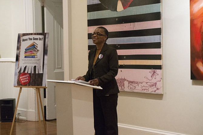 Alexandria Director of Libraries  Rose Dawson reads from “For Colored Girls Who Have Considered Suicide/When the Rainbow is Enuf” by Ntozake Shange at the Banned Book Readout Sept. 29 at the Athenaeum.
