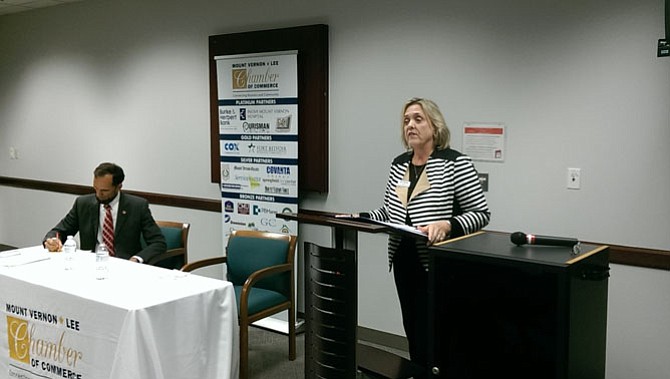 Dan Storck (left) and Jane Gandee (R) speak to citizens at a meet the candidates event hosted by the Mount Vernon-Lee Chamber of Commerce on Oct. 15. 