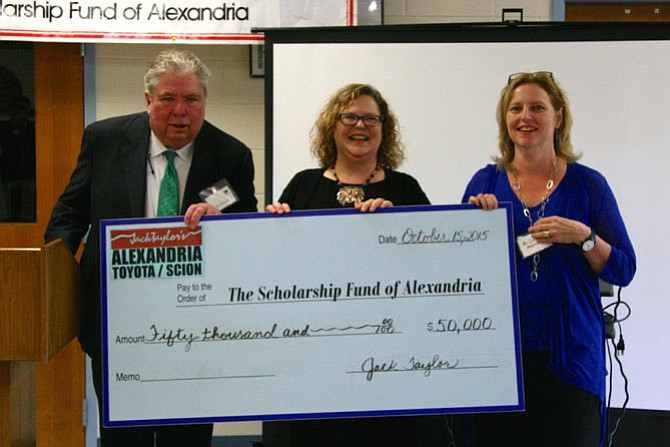 Jack Taylor presents a $50,000 gift from his Alexandria Toyota/Scion to Beth Lovain and Cindy Anderson to expand his long-term support of the Scholarship Fund of Alexandria.
