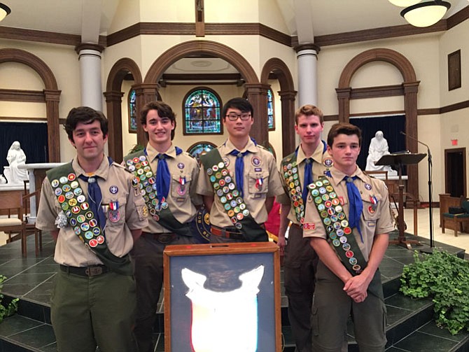 From left, the new Eagle Scouts are Joseph Blumenauer, Joey Toker, Noah Monnig, Evan Patterson, and Christopher Monteferrante.
