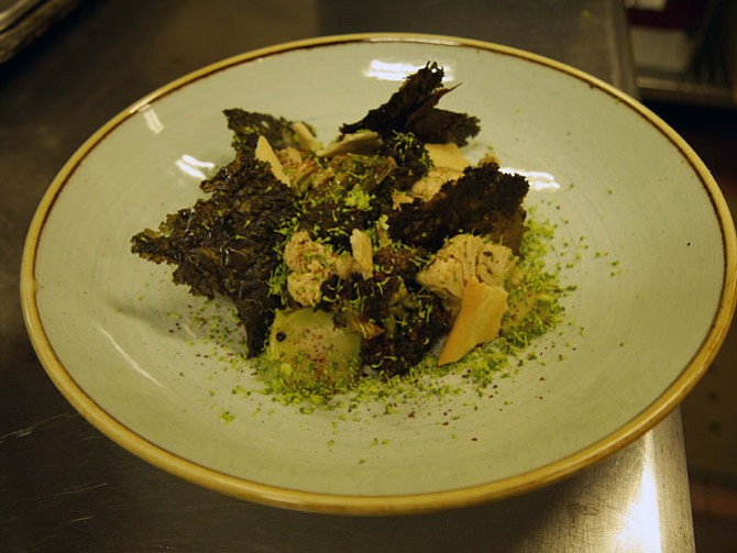 Finished salad includes broccoli and cauliflower with brown butter verjus dressing, sprinkled with sumac and homemade lavash crackers with crispy kale as the final touch.
 
