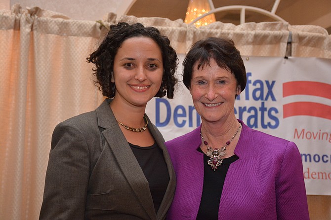 Newly re-elected Board of Supervisors Chairman Sharon Bulova (right) congratulates Dalia Palchik (left) of Annandale, who defeated incumbent Patty Reed for the Providence District Fairfax County School Board representative role.