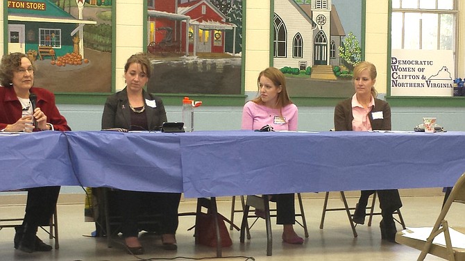 (From left) Panelists Melanie Dunn-Chadwick, Nora Mahoney, Heather Sarmiento and Jacqui Smith were hosted by the Democratic Women of Clifton and Northern Virginia for a public meeting discussing domestic violence in Northern Virginia. The panel took place at Clifton Town Hall on Oct. 18. 
