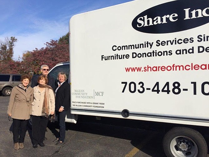 The delivery to Share, Inc. of a new truck for their services to the McLean community. Funding for this truck was in part provided by the McLean Community Foundation. Pictured are Winnie Pizzano, Janet Tysee and Joann Berkson of the MCF Board of Trustees and Vic Kimm, president of Share, Inc.
