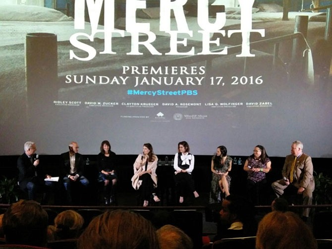 Actress Tara Summers, fourth from left, talks about her experience during the filming of Mercy Street following a screening of the Alexandria-based Civil War drama Nov. 5 at the AMC Hoffman Theaters. Summers was joined by other cast members, PBS producers and Historic Alexandria staff during the Q&A session following the premier, which kicked off the Alexandria Film Festival.
