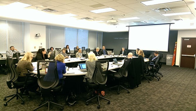 Members of the Fairfax County School Board meet at the school system headquarters where superintendent Karen Garza presented a report from the FY 2017 Budget Task Force.