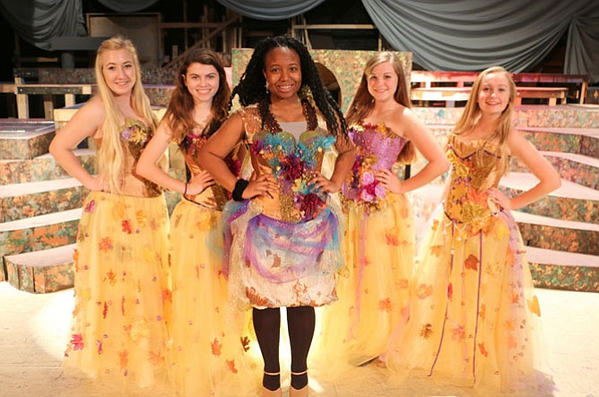 Playing fairies are (from left) Maggie Norman, Kelly Farmar, Sonya Chinje (Queen Titania), Molly Rodriguez and Meghan Kelly.
