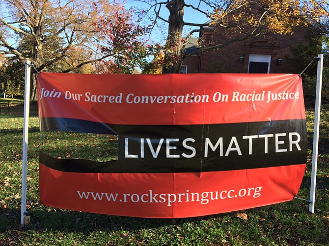 The “Black Lives Matter” banner was vandalized sometime the night of Sept. 10 at Rock Spring Congregational UCC on Little Falls Road. It had been installed in September as part of a year-long conversation on racial justice.
