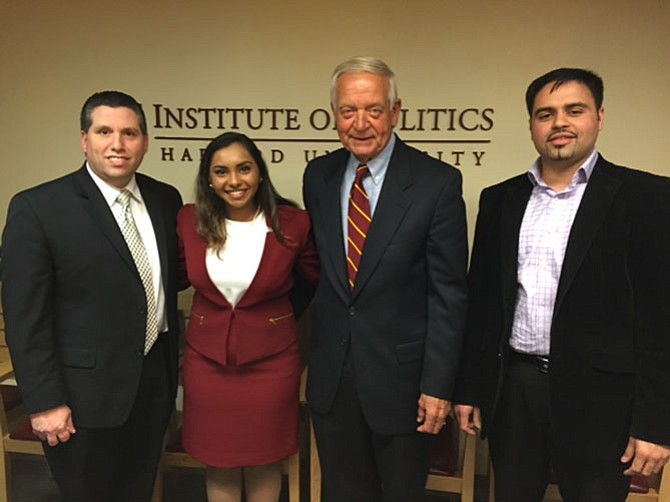 Members of a panel discussion on millennial political engagement were (from left) Massachusetts State Senator Sal DiDomenico, Langley senior Swetha Ramesh, retired Congressman Dennis Hertel, and Dr. Wasif Syed.
