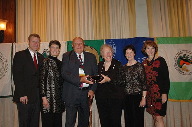 From left : Jeff McKay (Springfield District supervisor), Linda Smyth (Providence District supervisor), Gerry Hyland (Mount Vernon District supervisor), Penny Gross (Virginia Association of Counties immediate past president and Mason District supervisor), Sharon Bulova (Fairfax County Board of Supervisors chairman) and Sallie Clark (National Association of Counties president).
