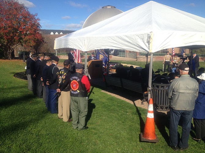 Veterans, active duty members, town dignitaries and citizens gathered on the green behind the Herndon Municipal Center on Nov. 11. David Kirby, Commander of American Legion Post 184, welcomed everyone to the event. Kirby is also a member of Hendon Town Council.