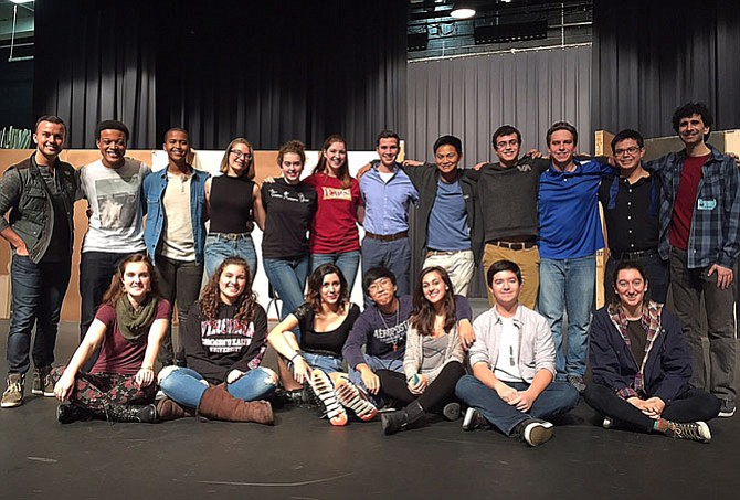 “Love/Sick’s” cast at a workshop with the playwright: (back row, from left) Director Erich DiCenzo and students Darien Weems, Gulet Isse, Clara Poteet, Bridget Baucum, Katie Ryan, Elijah King, Matthew Velasco, Kyle Huott, Eddie Zakreski, Phoenix Noiwan and playwright John Cariani; and (front row, from left) Rachel Cahoon, assistant director Janey Silas, Renee Rozell, Zion Jang, Molly Berry, Michael Mitchell and Pari Karkehabadi.
