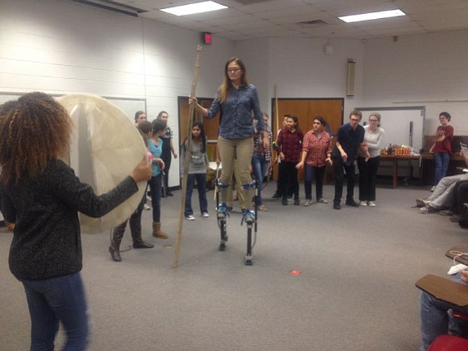 Herndon senior Annie Taylor, who will be using stilts in her role of the White Witch, rehearses for the December production of the “Lion, the Witch and the Wardrobe.” There will be 16 tech students working on technical aspects of the production which will be produced at Herndon High.
