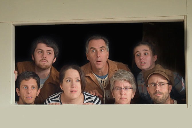 From left -- The Family Dwarf: Eric Volat (Howie), Stephen Kutzleb (Elliot), Amanda Ranowsky (Jean Louise), David Whitehead (Roy), Danine Welsh (Rose), Hazel Thurston (Peg), Bobby Welsh (Walt) in the Providence Players production of ‘Snow White and the Family Dwarf.’
