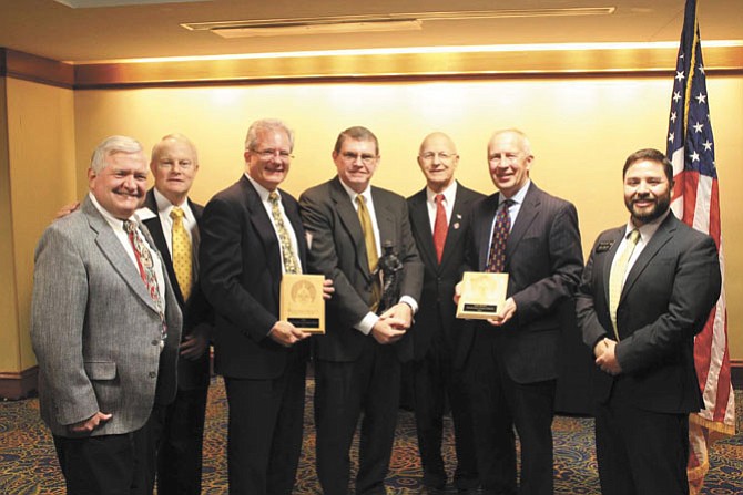 From left are Bill Schoonmaker, Assistant Council Commissioner; Randy Young, District Commissioner; honoree Aaron Bills; honoree Daniel Kurtenbach; Dan Palenscar, Council Executive Board member; honoree Douglas Carlson; and Greg Brown, District Executive. 

