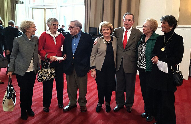 Among the nearly thousand friends and family members who attended “A Celebration of the Life of Austin H. Kiplinger” at the Kennedy Center Concert Hall, was a group of his Potomac friends, (from left) Susan Moran, Lutie Semmes, Roemer McPhee, Lorrie Plamondon, Pete Plamondon, Sue Monahan and Joan McPhee.
 
