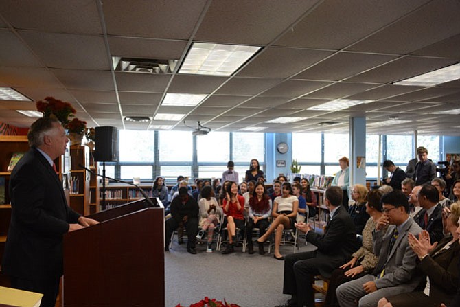 Gov. Terry McAuliffe (D, left) unveiled his budget proposal for $1 billion in public and higher education investment at Mark Twain Middle School in Alexandria on Dec. 16, as part of the total state budget he plans to roll out on Thursday, Dec. 17.