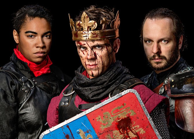 From left -- Aleca Piper as Gloucester, Ross Neal as King Henry, and Chris Bellinger as Exeter in “The Life of King Henry V.” 
