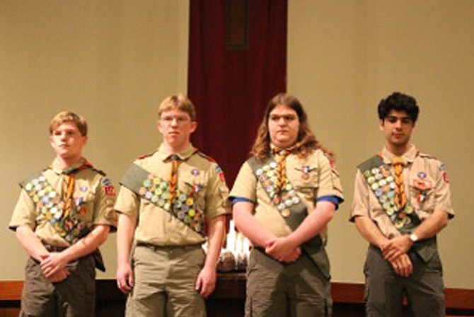 From left, Jacob Ryan, Andrew Ryan, John Hudson and Nadim Najjar become Eagle Scouts.
