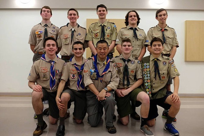 Current and future Eagle Scouts. Bottom, from left, Patrick Ryan, Paul Youssef, Scoutmaster Gary Pan, Kevin Devlin and Wesley Pan. Top from left, Drew Dudzik, Thomas Windus, Will Frank, William Molster and Justin Meeker.
