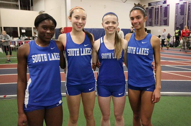 South Lakes 4x400 relay team of Golden Kumi-Darfour, Olivia Beckner, Sophie Halkett and Devyn Jones finished first at the Liberty Flames High School Invitational Jan. 15-16.