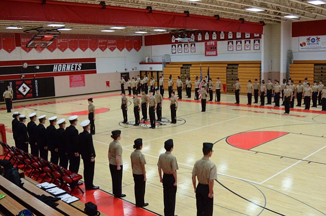 Herndon High School's Navy Junior ROTC cadets are formed and ready for inspection.
