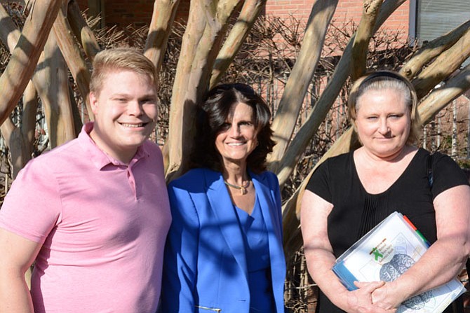 (From left) Brain Injury Services Communications coordinator Austin McNair, executive director Karen Brown and survivor Kim Daily stand outside the BIS main office in Springfield.