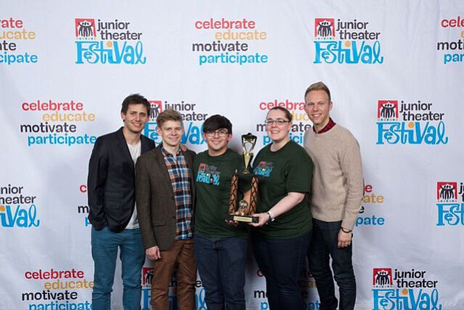 Lopez Studios accepting its Excellence in Ensemble Work, from left: Tony-nominated composer Benj Pasek, Broadway performer Andrew Keenan-Bolger, Lopez Studios, Inc. student Jason Itkin, Lopez Studios, Inc. educator Jennifer Kessler accepting the award on their group’s behalf; and Tony-nominated composer Justin Paul.
