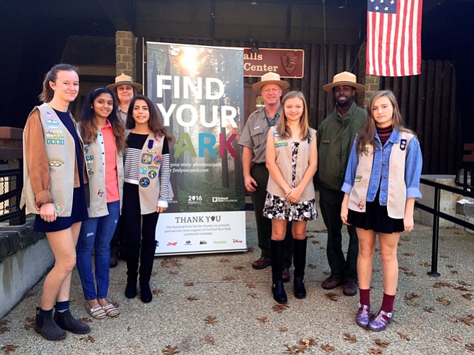 Front row, from left, Eliza Pastore, Stuthi Iyer, Roya Lajmiri, Julianna Grimson and Jacqueline Grimson  (not pictured Isabelle Saba and Ale van Scoyoc). Back row, from left,  Ranger Susan Finta, Ranger Brent O’Neill, and Ranger Ahmad Toure (not pictured Ranger Franice Sewell).
