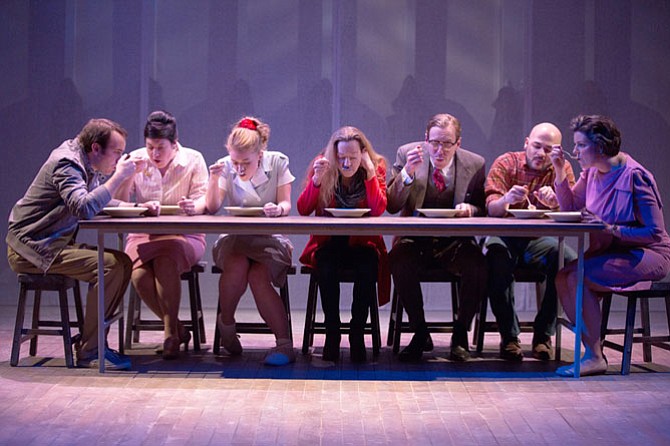 From left -- Scott Ward Abernethy, Kari Ginsburg, Sara Dabney Tisdale, Amy McWilliams, Dylan Morrison Myers and Teresa Castracane in "When the Rain Stops Falling" at 1st Stage. 
