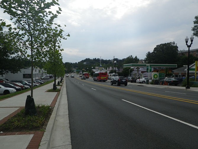 One of Arlington’s newest complete street projects: utility undergrounding, tree installation, and street lights on Columbia Pike between South Wakefield Street and Four Mile Run Drive. 
