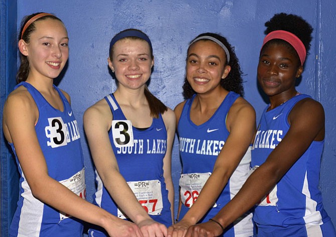 South Lakes girls -- Olivia Beckner,  Sophie Halkett, Jessica Lister and Golden Kumi-Darfour -- finished the meet with a win in the 4x400 meter relay. 
