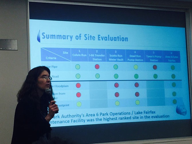 Engineer Ellen Hall alerts Reston residents why Lake Fairfax Park is the most suitable location of the six studied for a septage receiving site.
