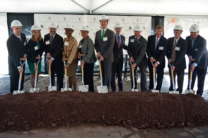 From left -- Phil Sclafani (JBG), Kelly Miller (JBG), Matt Valentini (JBG), Supervisor Cathy Hudgins (D-Hunter Mill), Ellen Graves (Reston Association), Greg Trimmer (JBG), Alex Robbins, representative for U.S. Rep. Gerry Connolly (D-11), Mark Ingrao (Greater Reston Chamber of Commerce), Lee Quill (Cunningham Quill), Leon Blondin (Balfour Beatty) and Shane Omar (JBG).
