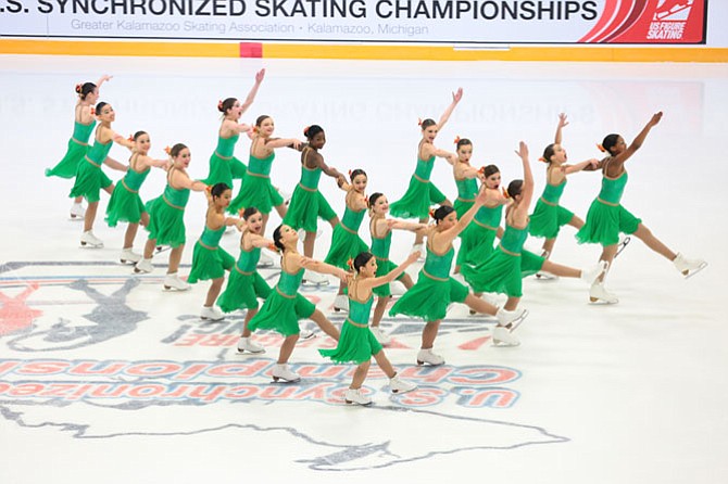 DC EDGE Juvenile team performs a pyramid formation at the 2016 U.S. Synchronized Skating Championships on Feb. 25
