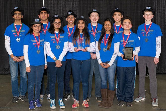 Team X-BOTS is a community team unlike many other teams that are school-based. The team consists of (from left): Thejus Unnivelan (TJHSST, 11th grade), Srinidhi Krishnan (TJHSST, 10th grade), Satish Venkatesan (Chantilly HS, 11th grade), Anoushka Chintada (RRMS, 8th grade), Nikhil Chintada (TJHSST, 11th grade), Shreya Menon (Robinson SS, 10th grade), Eric Link (TJHSST, 10th grade), Pooja-Aria Gupta (John Champe HS, 10th grade), Edward Sun (TJHSST, 10th grade), Charlie Wu (Longfellow MS, 7th grade), and Kieran Beaumont (TJHSST, 10th grade).
