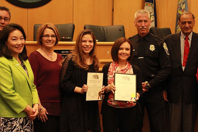 Olga Aste and her daughter Amanda noticed a student who had been reported missing, and contacted the Herndon Police. Other than being wet, the student was in good spirits. Both Olga and Amanda’s actions were recognized by the Herndon Town Council.
