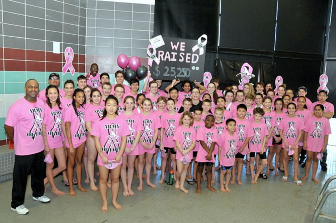 Fifty-two swimmers from the Shark Tank Racing Squad raised more than $25,000 for breast cancer research by participating in the team’s sixth annual swimming marathon on Feb. 28 at South Run RECenter.