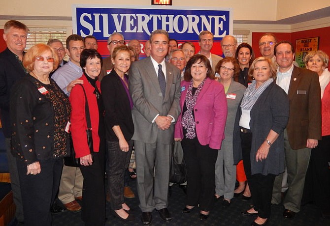 Fairfax City Mayor Scott Silverthorne (in center) with a group of past and current elected officials during his re-election campaign kickoff, Sunday afternoon, March 13.
