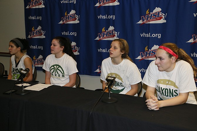 From left: Langley's Lizzy Shamloo, head coach Amanda Baker, Paige Galiani and Stephanie Sipple answered questions from the media following the 6A state championship game on March 9 at VCU.