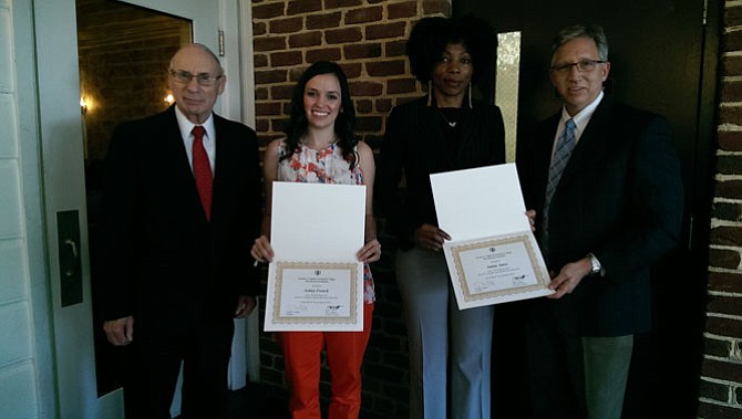 Dr. Glen Fatzinger (left) and Northern Virginia Community College President Dr. Scott Ralls (right) present Ashley French (center left) and Amina Amisi (center right) with the 2016 Harriet H. Fatzinger Nursing Memorial Scholarships.