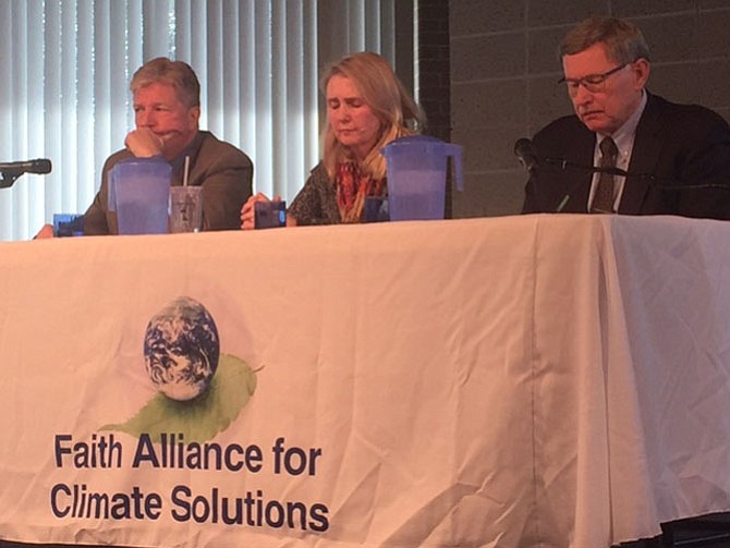 Secretary Brian Moran, Chairman Pat Hynes of the Fairfax County School Board and Supervisor John Foust (D-Dranesville) discuss climate change initiatives.  
