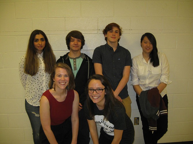 Pictured are South Lakes High School students who presented their writing work (back row): Dorsa Haftsavar, Ryan Lumbert, Joe Hamidy, and Evelyn Vuong. (Front row): Sarah Benson and Ariana DeLaurentis.
