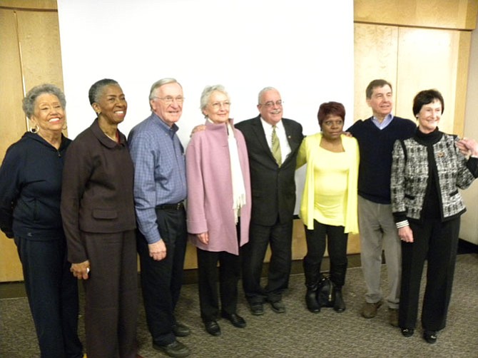 From left, Reston Association’s Ellen Graves, Hunter Mill Supervisor Cathy Hudgins, Del. Ken Plum (D-36), Cheryl Terio-Simon, U.S. Rep. Gerry Connolly (D-11), Reston Community Center’s Beverly Cosham, Reston Historic Trust and Museum’s Charles Veatch and Fairfax County Board of Supervisors Chairman Sharon Bulova attend the opening ceremony of the 13th Founder’s Day on Sunday, April 9.
