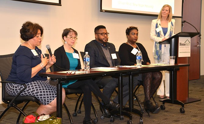 From left -- The panel for the HomeAid “Keeping the Homeless Housed” were Minerva Labrador, Northern Virginia Family Service; Michele Porter-Will, Volunteers of America Chesapeake; Oliver Reid, New Hope Housing; and Blair Copeland, Carpenter’s Shelter. Moderator Karen Cleveland, the Cleveland Group, leads the discussion from the podium.
