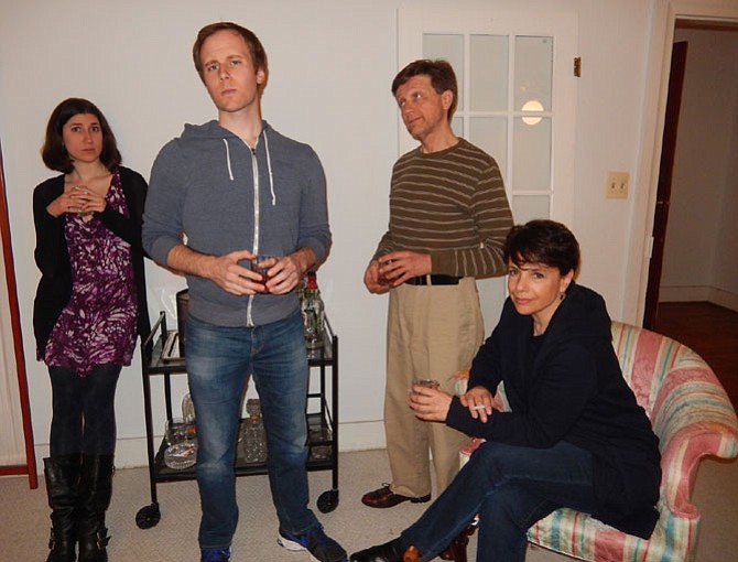 (From left) Stephanie Ramsey, Mike Rudden, Scott Graham and Karen Shotts portray couples talking after a dinner party. 
