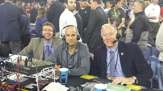 Alexandria’s Ryan Fannon, left, with Villanova Radio Network engineer Joe Gaines and color commentator Whitey Rigsby at the 2016 NCAA Final Four in Houston. Fannon has been the play-by-play voice of Villanova basketball for 18 years.
