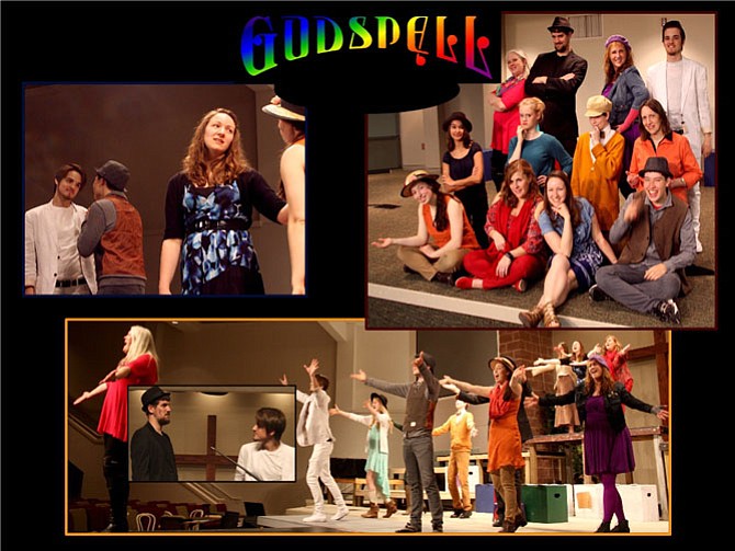 Top left: The Prodigal and brother reconcile (Patrick Moresco,  Jared Okada, Julie Judd, Anna Briggs). Top right: Godspell Cast, from left, first row: Anna Briggs, Nancy McGovern, Julie Judd, Jared Okada; second row:  Jemimah Rajack, Amanda Holsinger, Joseph Briggs, Kate Anderson, third row: Carol Mills, Anthony Weaver, Gioia Albi, Patrick Moresco.  Bottom Picture:  Cast Sings "God Save the People" inset Judas and Jesus (Anthony Weaver and Patrick Moresco).
