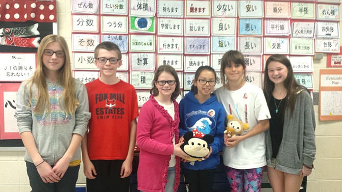 From left) Emma Setlik, Thomas Setlik, Rylee Gustafson, Laura Fujii, Sophia Galova, and Mara Redican all participate in the Japanese Immersion (J.I.) Program at Fox Mill Elementary School in Herndon. 
